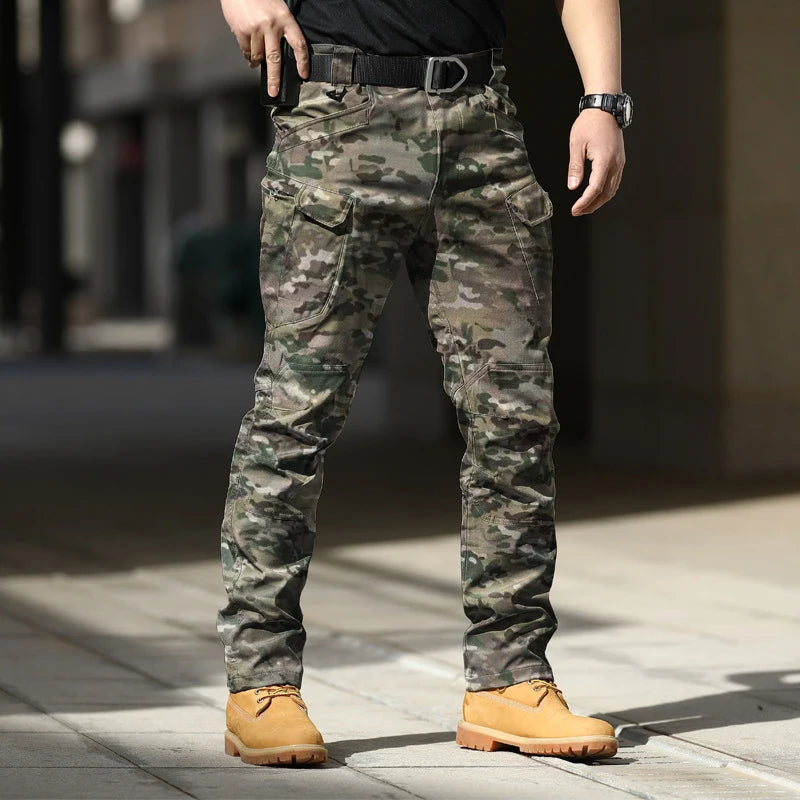 Army Style Camouflage Print Slim Fit Pants Men Fall Leisure Pockets Stretch