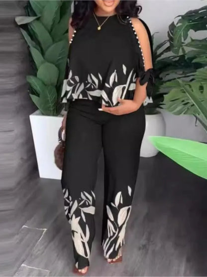Women's Fashion Positioning Printed Two Piece Sets Autumn Round Neck Hollow Beading Raglan Sleeves Top & Wide Leg Trousers Suit
