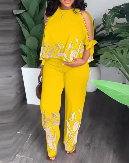 Women's Fashion Positioning Printed Two Piece Sets Autumn Round Neck Hollow Beading Raglan Sleeves Top & Wide Leg Trousers Suit