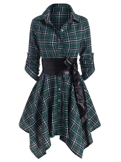Gothic Casual Dress Women Red Plaid Belted Roll Tab Sleeve Handkerchief Dress Vestidos Autumn Long Sleeve A-Line Party Dress