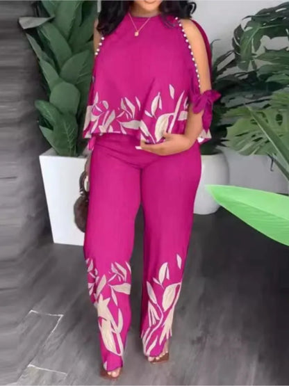 Women's Fashion Positioning Printed Two Piece Sets Autumn Round Neck Hollow Beading Raglan Sleeves Top & Wide Leg Trousers Suit