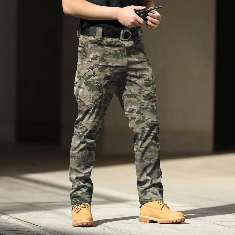 Army Style Camouflage Print Slim Fit Pants Men Fall Leisure Pockets Stretch