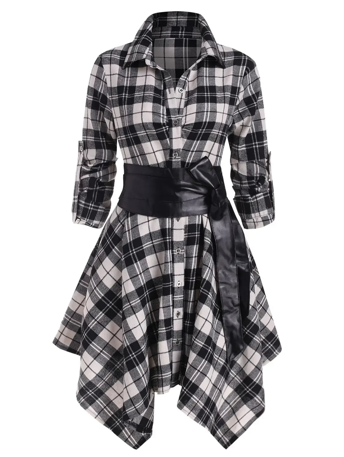 Gothic Casual Dress Women Red Plaid Belted Roll Tab Sleeve Handkerchief Dress Vestidos Autumn Long Sleeve A-Line Party Dress