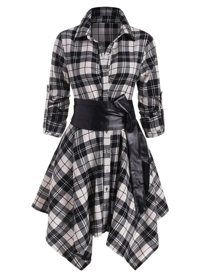 Gothic Casual Dress Women Red Plaid Belted Roll Tab Sleeve Handkerchief Dress Vestidos Autumn Long Sleeve A-Line Party Dress