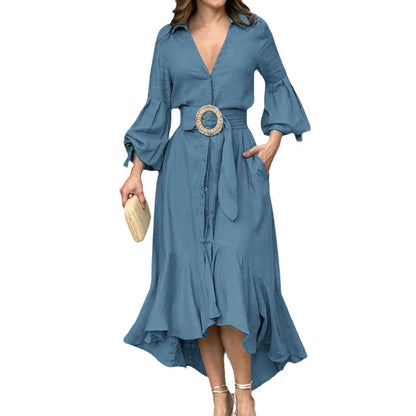 Casual Summer Dress Women Solid Turn Down Collar Pocket Long Dress Irregularity Ruffled Long Sleeve Dress Temperament Vestidos