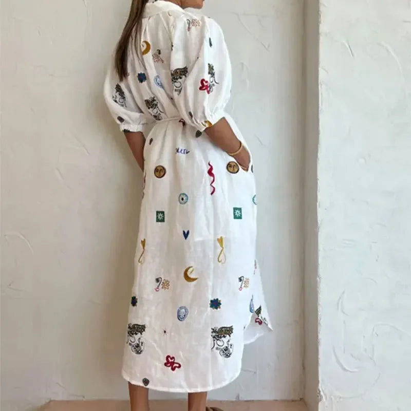 Female Casual Vacation Dress Women Chic Graffiti Print Lace Up Midi Dress Elegant Lapel Lantern Short Sleeve Dresses for Autumn