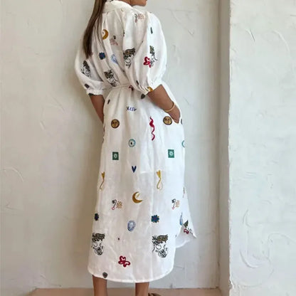 Female Casual Vacation Dress Women Chic Graffiti Print Lace Up Midi Dress Elegant Lapel Lantern Short Sleeve Dresses for Autumn