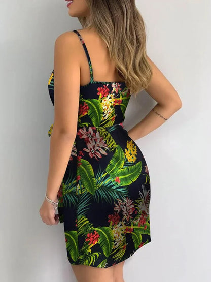 Tropical Print V-Neck Wrap Casual Dress Lady Sleeveless Summer Holiday Mini Dress