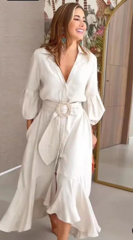 Casual Summer Dress Women Solid Turn Down Collar Pocket Long Dress Irregularity Ruffled Long Sleeve Dress Temperament Vestidos