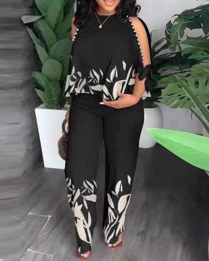 Women's Fashion Positioning Printed Two Piece Sets Autumn Round Neck Hollow Beading Raglan Sleeves Top & Wide Leg Trousers Suit
