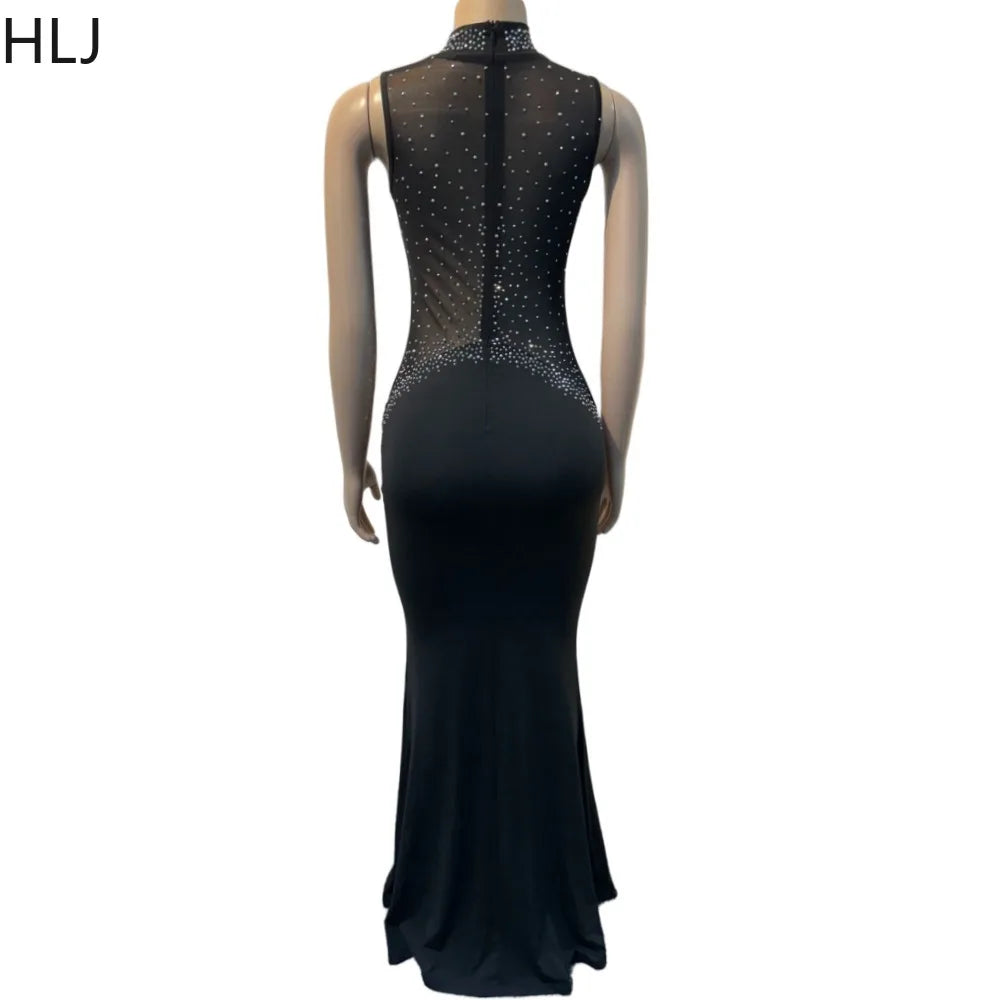 HLJ Black Fashion Rhinestones  Lady Round Neck Sleeveless Slim Floor Vestidos