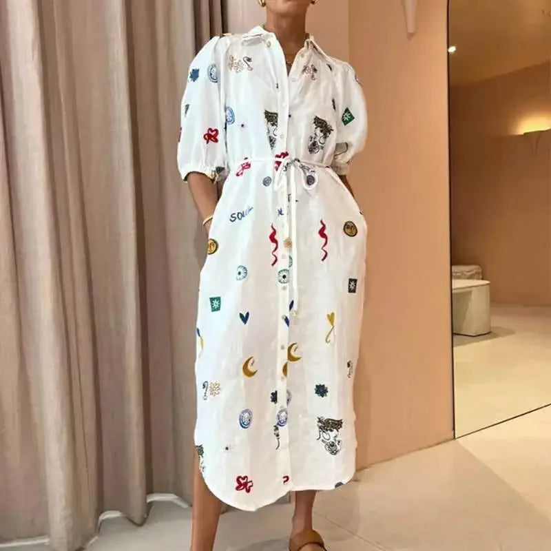 Female Casual Vacation Dress Women Chic Graffiti Print Lace Up Midi Dress Elegant Lapel Lantern Short Sleeve Dresses for Autumn