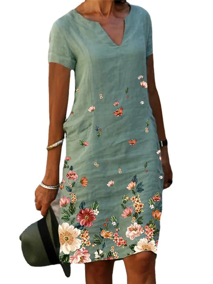 Women's Casual Midi Dresses 2025 Spring New Flower Cotton Linen Short Sleeve Dress Kadın Elbisesi Yazlık Vestidos Elegante Robe