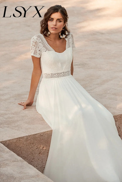 LSYX Chiffon V-Neck Boho Wedding Dress For Women 2024 Short Sleeves