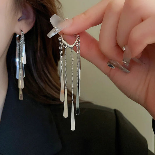 925 Sterling Silver Long Tassel Earrings Luxury Ear Hoop for lady