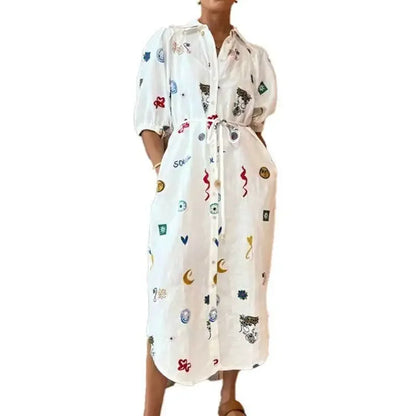 Female Casual Vacation Dress Women Chic Graffiti Print Lace Up Midi Dress Elegant Lapel Lantern Short Sleeve Dresses for Autumn