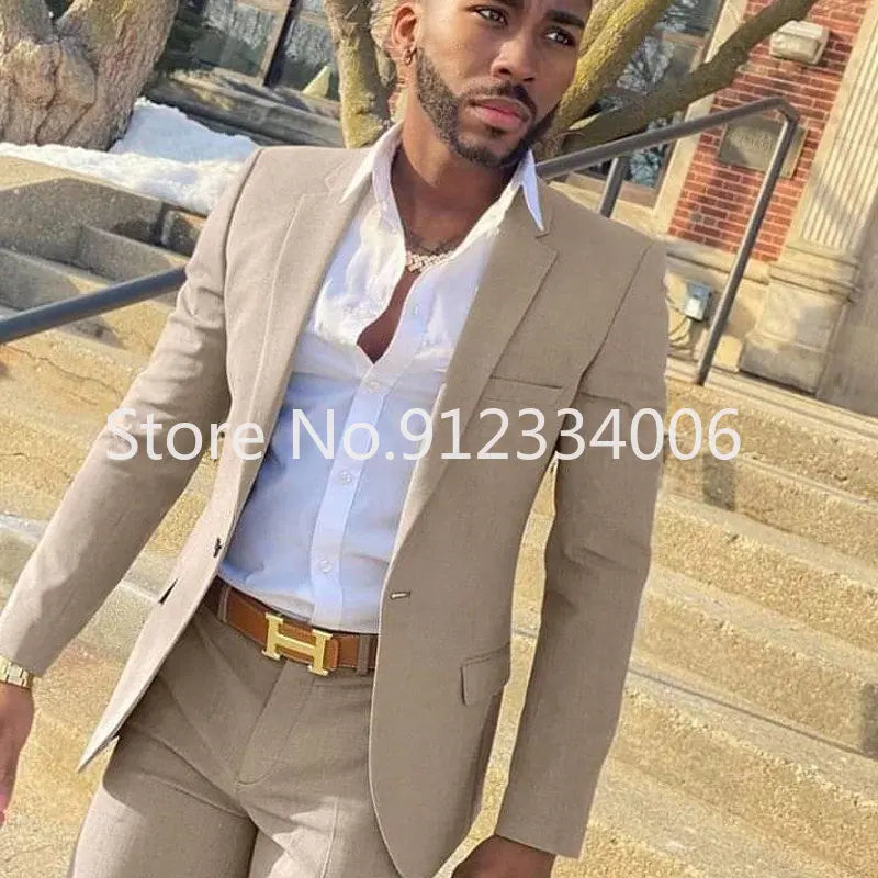 2 Pieces Beige Suit for Men Slim Fit Wedding Groom Tuxedo