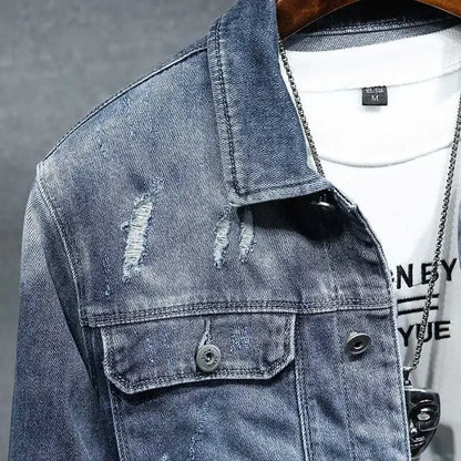 Men Jeans Coats Blue Ripped Men's Denim Jacket Wide Shoulders