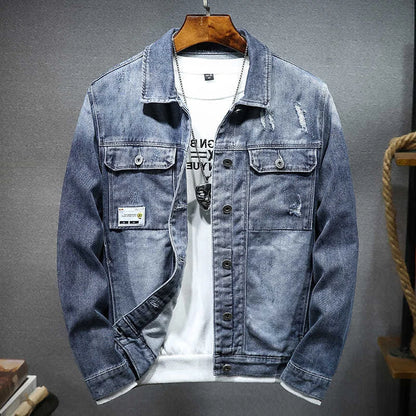 Men Jeans Coats Blue Ripped Men's Denim Jacket Wide Shoulders