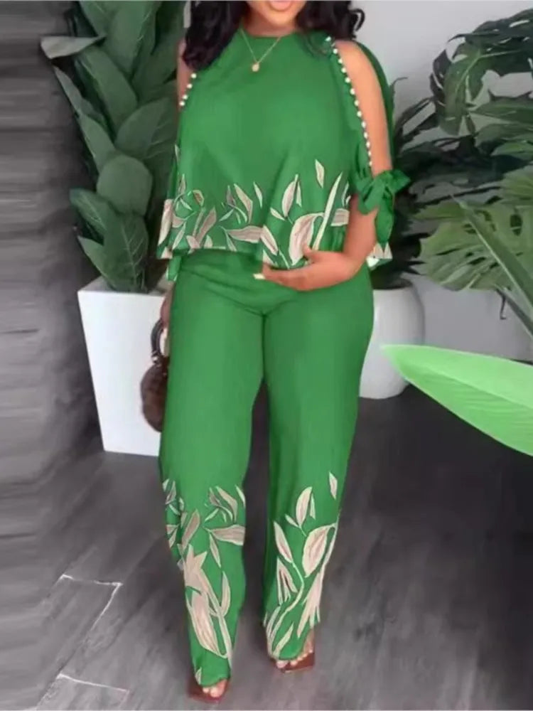 Women's Fashion Positioning Printed Two Piece Sets Autumn Round Neck Hollow Beading Raglan Sleeves Top & Wide Leg Trousers Suit