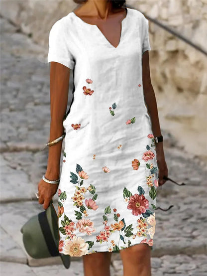 Women's Casual Midi Dresses 2025 Spring New Flower Cotton Linen Short Sleeve Dress Kadın Elbisesi Yazlık Vestidos Elegante Robe