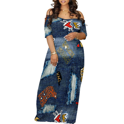 Women's Fashion  Printed Short Sleeve Long Summer Dress Sexy Off Shoulder Backless