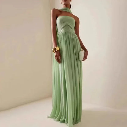 Women Sexy Fashion Backless Pleated Dresses Elegant Simple Casual Green Waist Chiffon Chic Evening Gown 2025 New Women Clothing