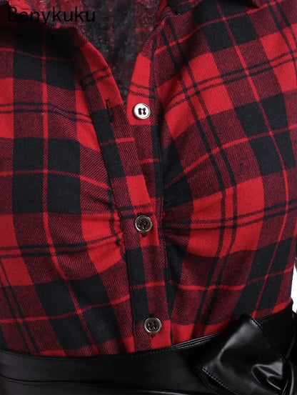 Gothic Casual Dress Women Red Plaid Belted Roll Tab Sleeve Handkerchief Dress Vestidos Autumn Long Sleeve A-Line Party Dress