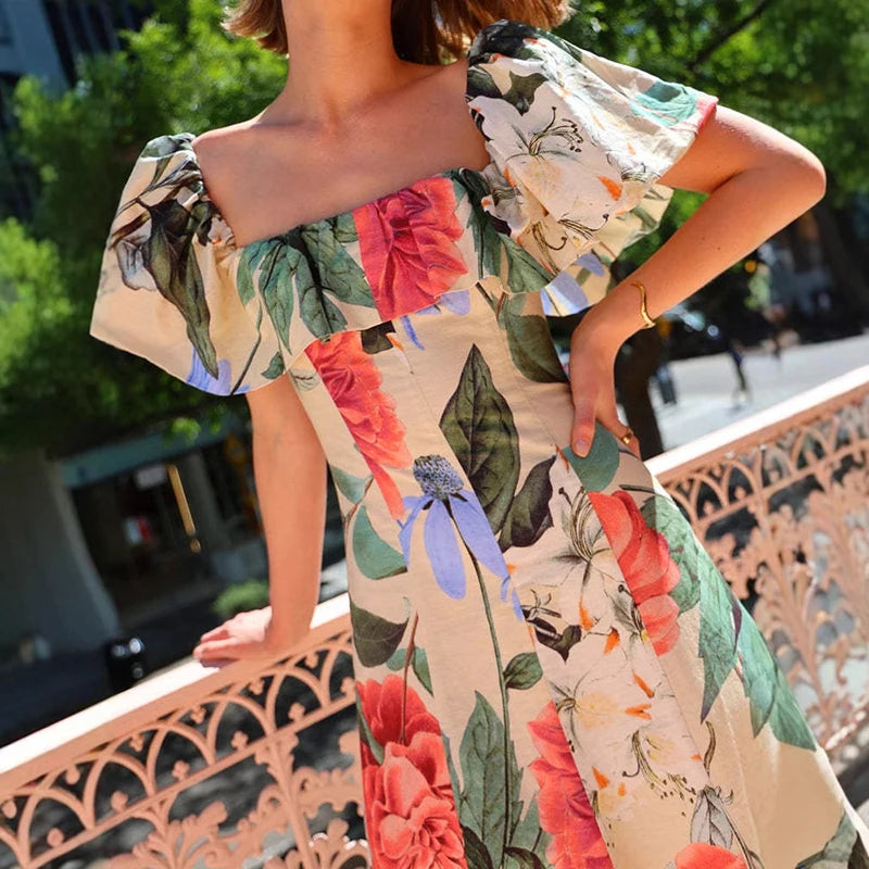 Lady's Fashion Floral Print Ruffle Loose Beach Dress Casual High Waist