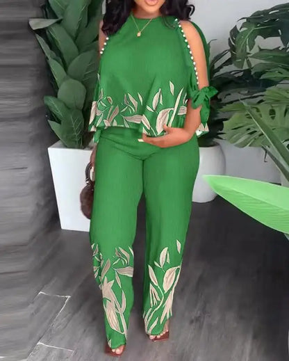 Women's Fashion Positioning Printed Two Piece Sets Autumn Round Neck Hollow Beading Raglan Sleeves Top & Wide Leg Trousers Suit