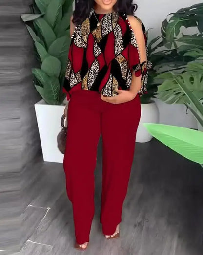 Women's Fashion Positioning Printed Two Piece Sets Autumn Round Neck Hollow Beading Raglan Sleeves Top & Wide Leg Trousers Suit