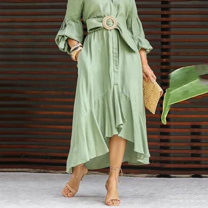 Casual Summer Dress Women Solid Turn Down Collar Pocket Long Dress Irregularity Ruffled Long Sleeve Dress Temperament Vestidos
