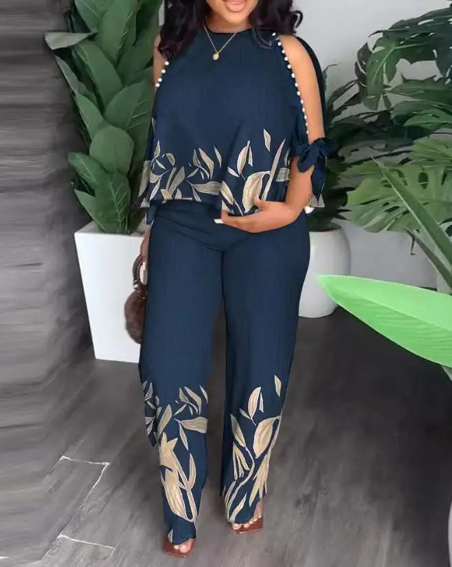 Women's Fashion Positioning Printed Two Piece Sets Autumn Round Neck Hollow Beading Raglan Sleeves Top & Wide Leg Trousers Suit