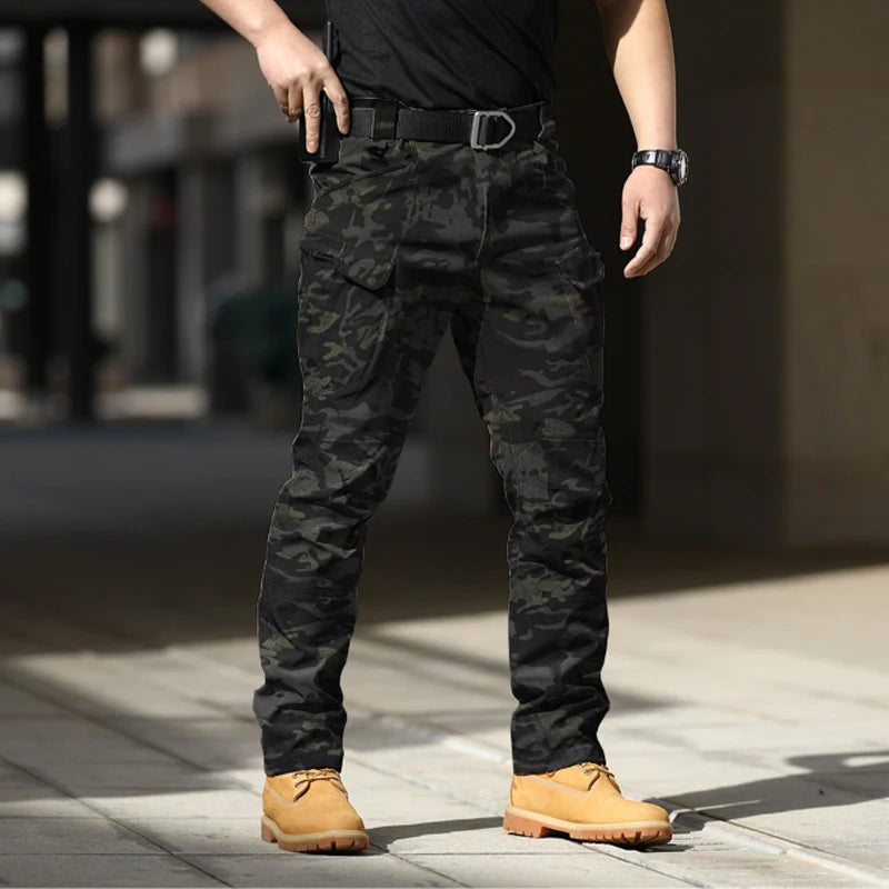 Army Style Camouflage Print Slim Fit Pants Men Fall Leisure Pockets Stretch