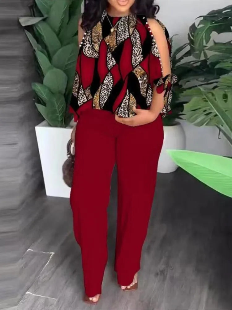 Women's Fashion Positioning Printed Two Piece Sets Autumn Round Neck Hollow Beading Raglan Sleeves Top & Wide Leg Trousers Suit