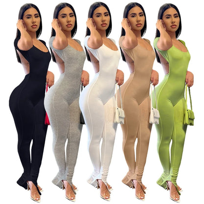 Women Solid Bodycon Backless Jumpsuit Sexy Summer Rompers