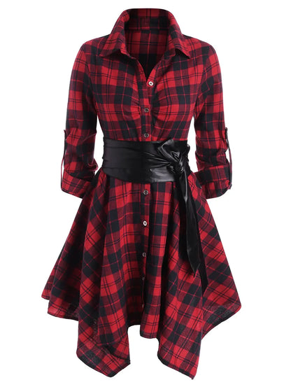 Gothic Casual Dress Women Red Plaid Belted Roll Tab Sleeve Handkerchief Dress Vestidos Autumn Long Sleeve A-Line Party Dress