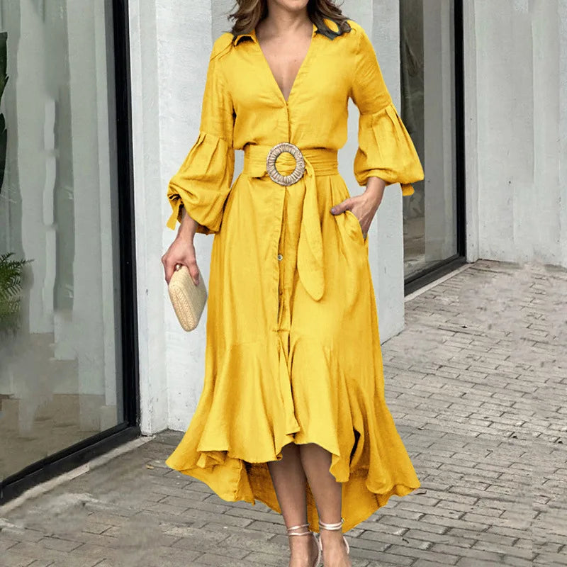 Casual Summer Dress Women Solid Turn Down Collar Pocket Long Dress Irregularity Ruffled Long Sleeve Dress Temperament Vestidos