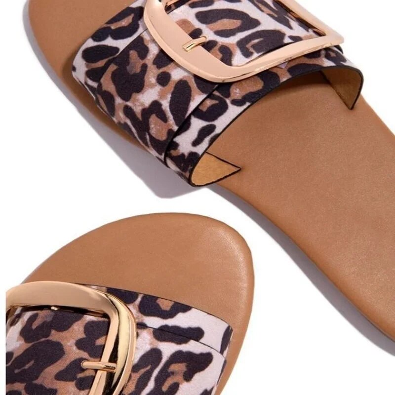 Beach Summer  One-word Buckle Slippers Women Leopard Print