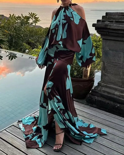 2025 Women's Fashion Temperament Elegant Vacation Style Printed Off Shoulder Slit Comfortable Casual Commuting Party Dress