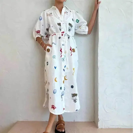 Female Casual Vacation Dress Women Chic Graffiti Print Lace Up Midi Dress Elegant Lapel Lantern Short Sleeve Dresses for Autumn