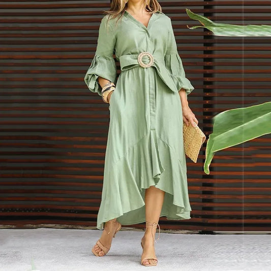 Casual Summer Dress Women Solid Turn Down Collar Pocket Long Dress Irregularity Ruffled Long Sleeve Dress Temperament Vestidos