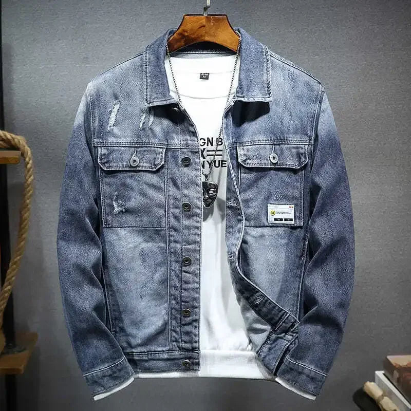 Men Jeans Coats Blue Ripped Men's Denim Jacket Wide Shoulders