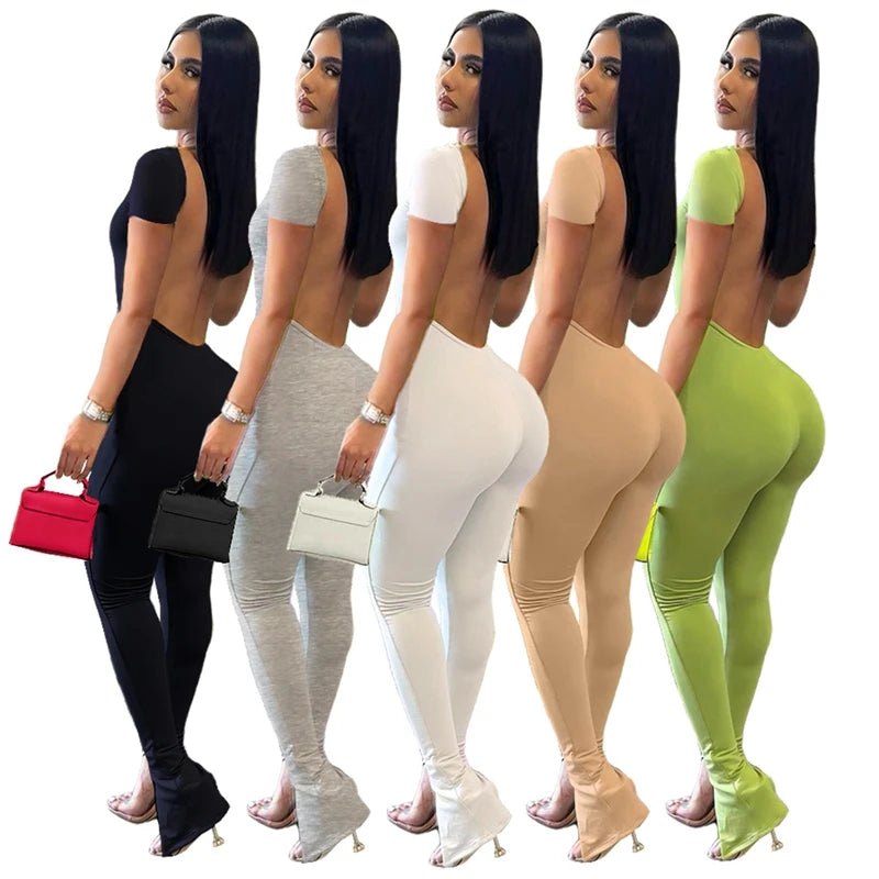 Women Solid Bodycon Backless Jumpsuit Sexy Summer Rompers