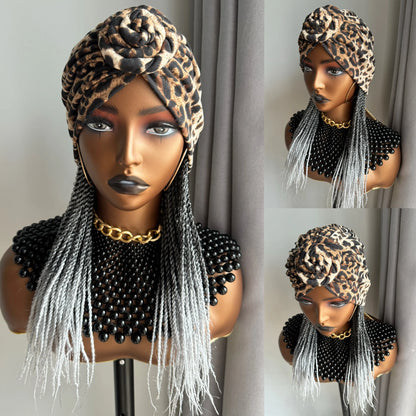 WIGERA Medium Ombre Black Gray Headband Twist Braided Synthetic Wig With Turban Braiding Hair Extensions Head Scarf  For Women