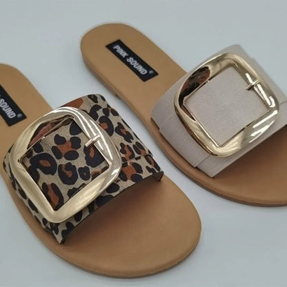 Beach Summer  One-word Buckle Slippers Women Leopard Print