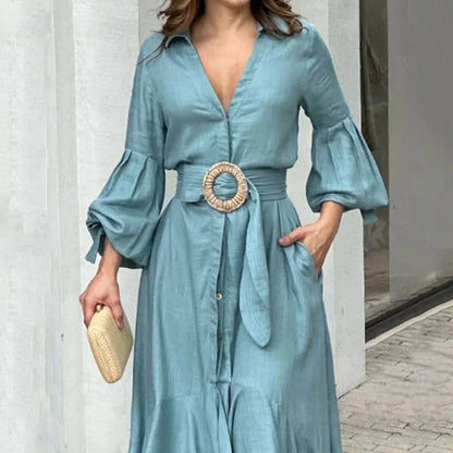 Casual Summer Dress Women Solid Turn Down Collar Pocket Long Dress Irregularity Ruffled Long Sleeve Dress Temperament Vestidos