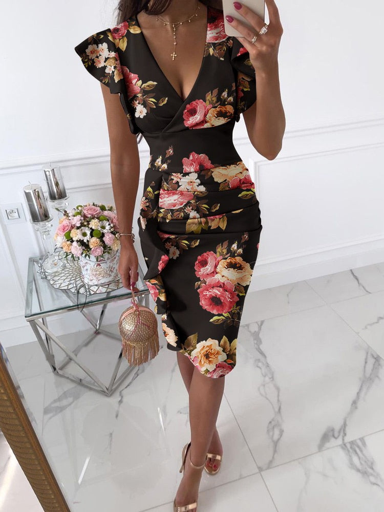 Women Sexy V-Neck Slim Office Lady Dress Ruffle Short Sleeve Bodycon