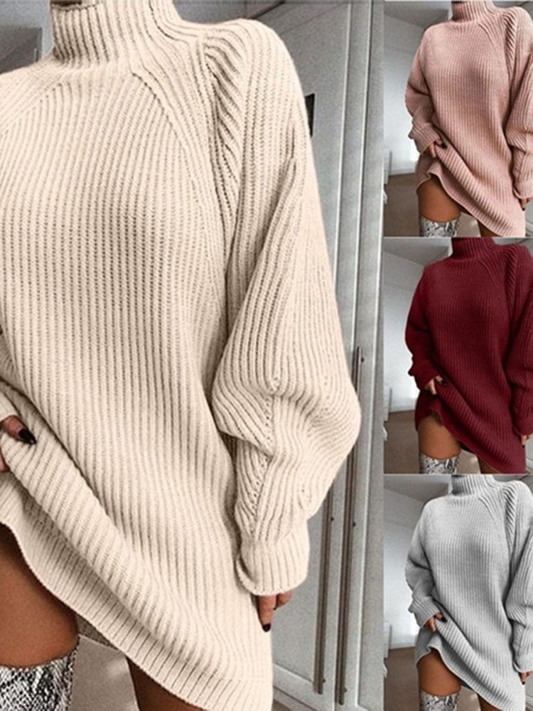 Women Turtleneck Oversized Knitted Dress Autumn