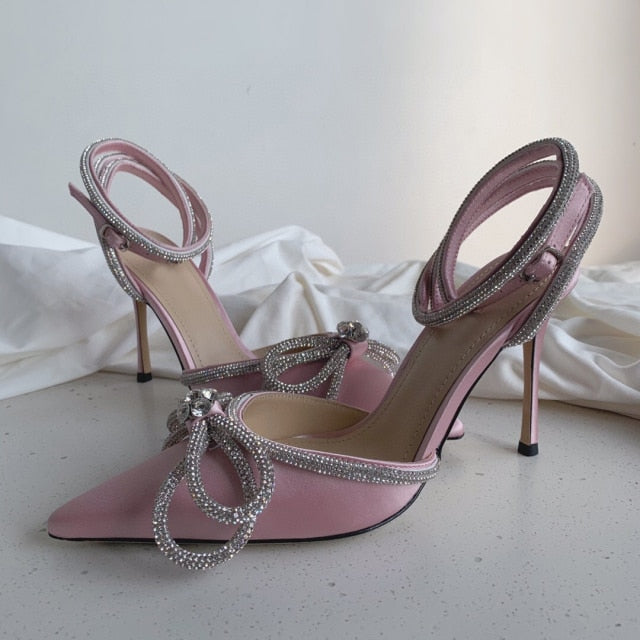 Women Double bow with crystal-embellished satin heels